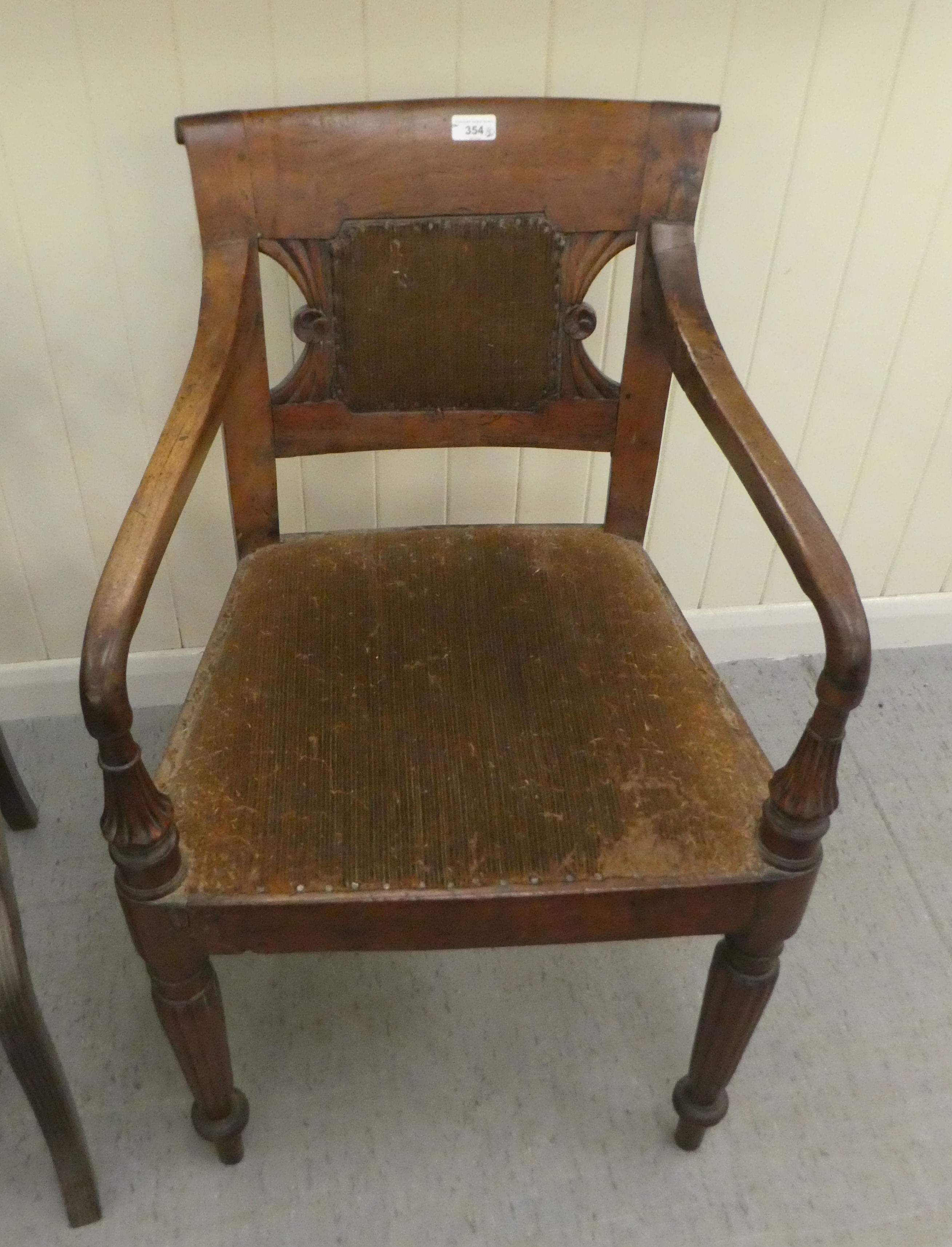 A Regency mahogany framed dining chair with a bar back and swept open arms, raised on turned, reeded - Image 2 of 4