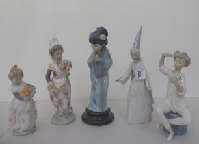 Five Lladro figures: to include a young girl, dressed in a kimono  11"h