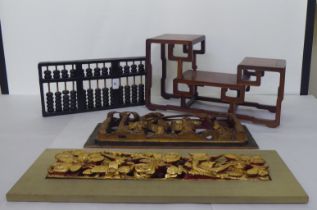 Wooden collectables: to include an ebonised abacus  18"w