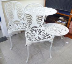 A modern white painted aluminium garden table, raised on splayed legs  26"h  32"w; a pair of similar