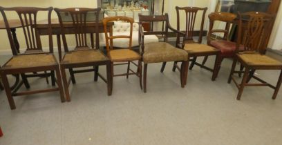 Chairs: to include a late Victorian oak framed bar back dining chair, raised on turned legs