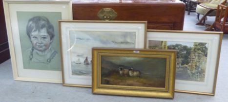 Pictures: to include a late 19thC Scottish highland scene with sheep  oil on canvas  8" x 17"