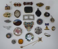 Costume jewellery: to include three micro-mosaic brooches; and a carved cameo portrait brooch