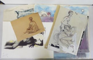 A folio of mixed artwork: to include Anne Alexandra - a figure study  watercolour  bears a signature