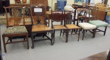 Five various 19thC dining chairs, one in mahogany with a yoke back and tapestry upholstered seat,