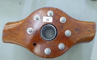 A World War I wooden propeller hub  stamped D2635, P2500 L/17171  15"w