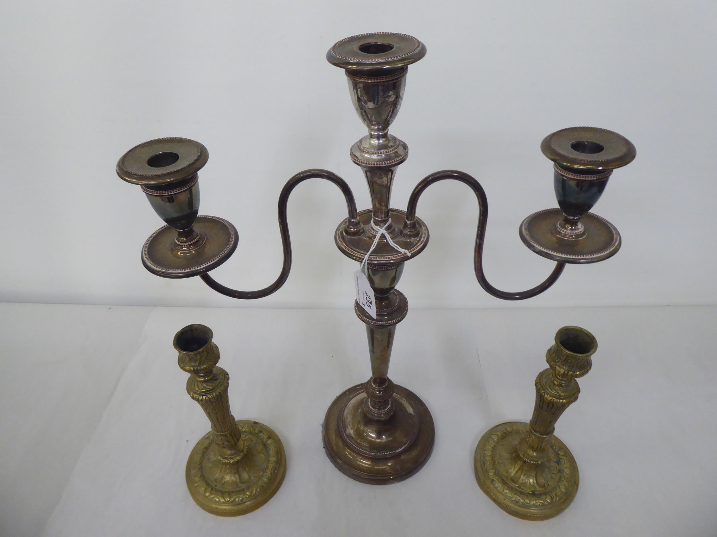 A silver plated three branch candelabra, decorated with beading  17.5"h; and a pair of brass - Image 4 of 5