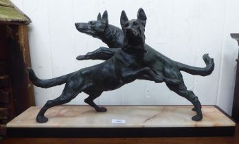 A 1930s Art Deco patinated spelter ornament, two playful dogs, on a marble plinth  14"h