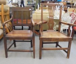 Two 19thC fruitwood framed dining chairs, viz. one with open arms and a hollow seat, the other