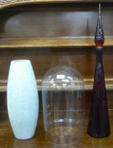 A crackle glazed vase  18"h; a glass dome  17"h; and a decorative glass bottle of conical form