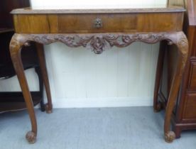 A modern walnut hall table with a frieze drawer, raised on cabriole legs  32"h  35"w