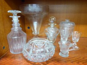 Glassware: to include a cut crystal decanter  8"h; and a vase of trumpet form, decorated with