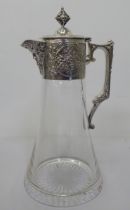 A Victorian design glass wine jug of tapered form with engraved, chased and cast mounts, including a