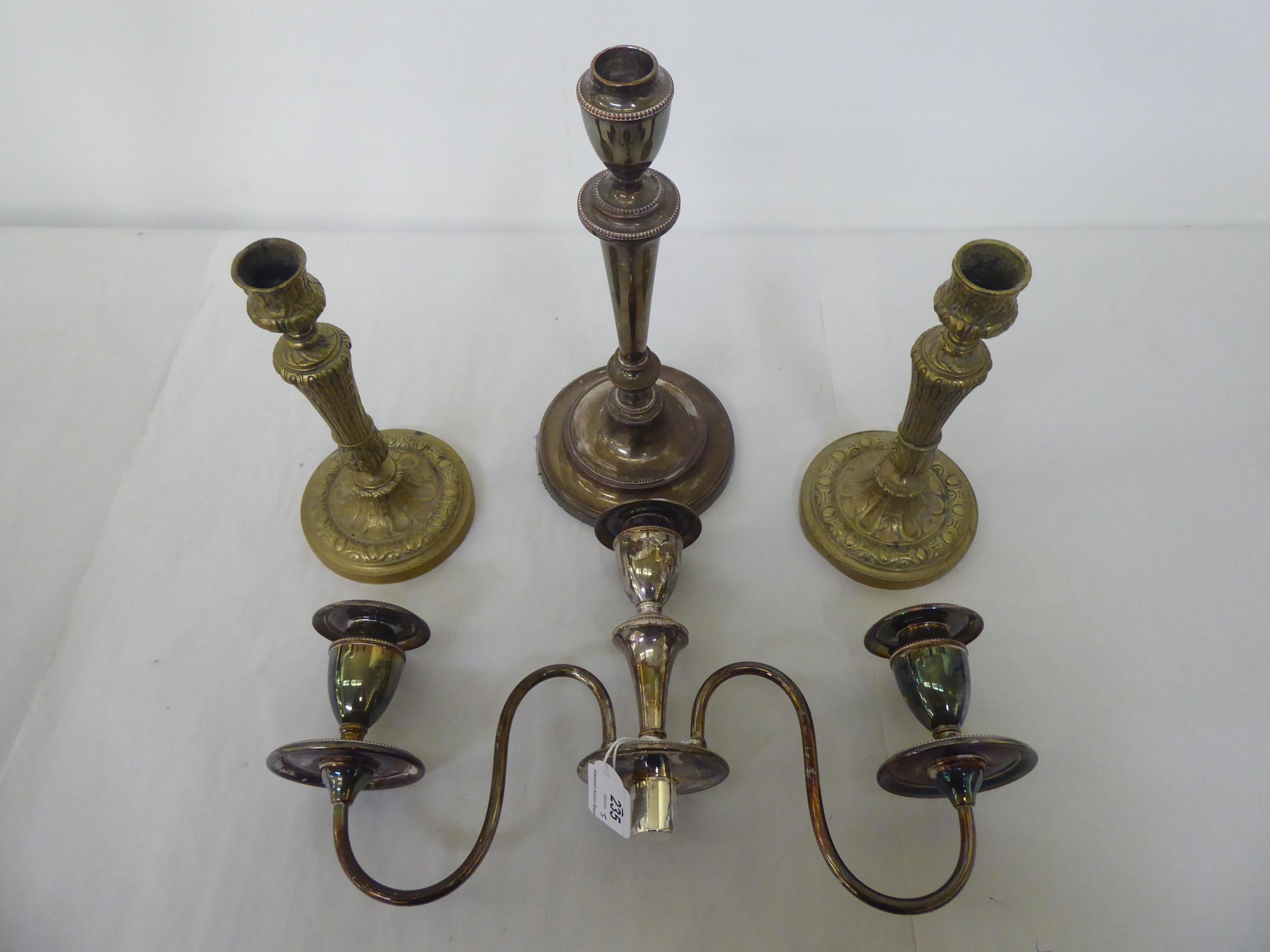 A silver plated three branch candelabra, decorated with beading  17.5"h; and a pair of brass - Image 5 of 5