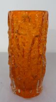 A Whitefriars, tangerine coloured, bark effect cylindrical vase  9"h