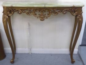 A modern giltwood console table with a green onyx top, raised on cabriole legs  35"h  41.5"w