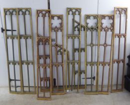 Early 20thC Gothic inspired, painted and carved wooden tracery window panels  largest 57"h  9"w