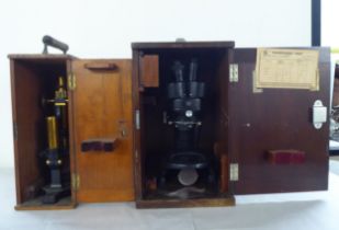 Two cased microscopes, viz. an example by Watsons of London, serial no.12073  13.5"h; and an example