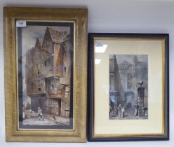 Waldo Sargeant - two similar 19thC street scenes, featuring figures and dogs  watercolours