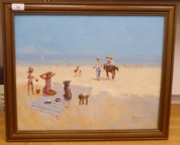John Haskins - a family playing on a sandy beach  oil on board  bears a signature  15" x 19"  framed