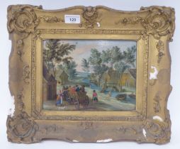 18thC European School - figures in and beside a cart, on a track by a village canal  oil on panel