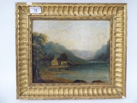 Early 19thC British School - a highland loch scene with two figures in a small boat  oil on board