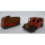 Two vintage tinplate model toys, viz. a Brimtoy double decker trolley bus; and a Tri-ang Minic