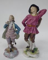 Two Continental porcelain figures, a girl wearing a puce coloured tunic, carrying a basket of