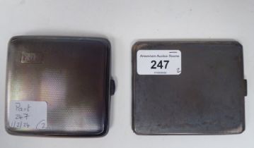 Two similar silver, engine turned, folding cigarette cases, on button clasps  mixed marks