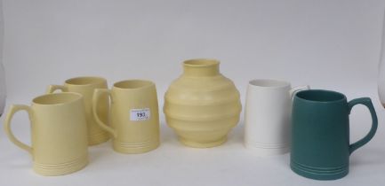 A Keith Murray Wedgwood cream coloured pottery vase of ribbed, globular form  7"h; and five