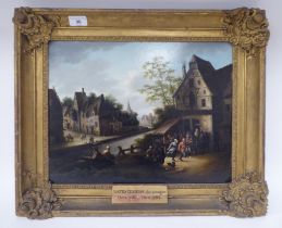 In the manner of David Teniers the younger - a small gathering by a canal and town buildings beyond