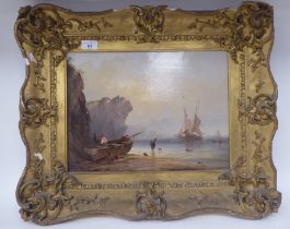 19thC British School - a shoreline scene with figures unloading small boats  oil on canvas  11" x