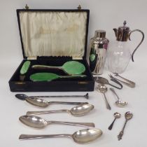 Silver plated tableware: to include an Alfra cocktail shaker; flatware; and a three piece, enamelled
