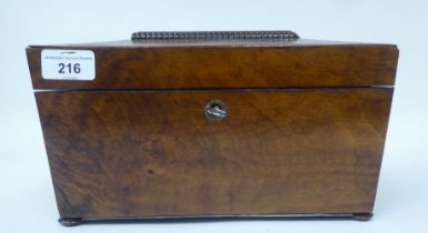 A William IV rosewood sarcophagus shape tea casket with carved bead border ornament, the lockable