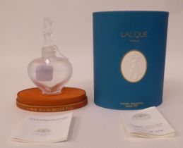 A Lalique opaque glass L'Amour Limited Edition 859/1997 perfume bottle  part full  6.5"h with a