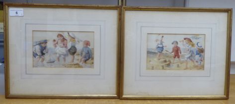 Two late 19thC/early 20thC British School - children playing on a sandy beach  watercolours  4.25" x
