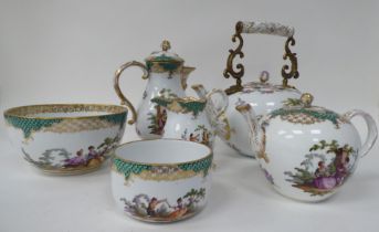 Meissen 2nd Association porcelain teaware, decorated with romantic figures in gardens and flora