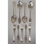 19thC matched silver fiddle pattern flatware, viz. four tablespoons and five dessert forks  mixed