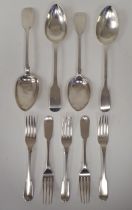 19thC matched silver fiddle pattern flatware, viz. four tablespoons and five dessert forks  mixed