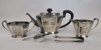 An Art Deco three piece silver tea set of panelled, octagonal form, the teapot with a swept spout,