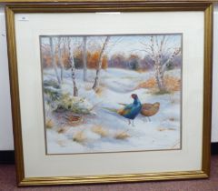 Richard Robjent - pheasants and a woodcock in a winter landscape  watercolour  bears a signature,