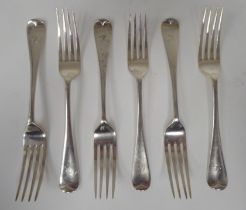 A set of six silver late Victorian Old English pattern table forks  DWJW  London 1877  (combined