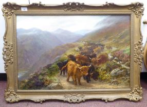 Attributed to Henry Garland - Highland cattle with drovers  oil on canvas, laid on board  19" x 29"