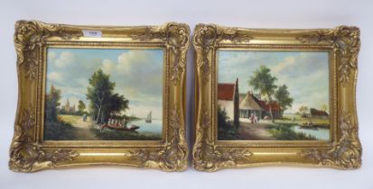 A pair of reproductions of 19thC scenes with figures and small craft on calm water  oil on panel