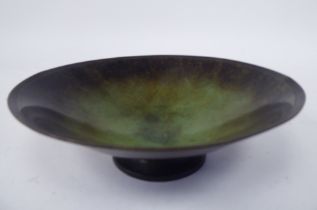A Just Anderson part-patinated grey and brown bronze shallow bowl with a single tramlined narrow