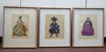 After Leon Bakst - a series of three costume designs  pochoir prints  12" x 8"  framed