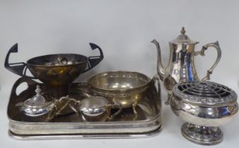 Domestic and decorative metalware: to include a galleried, twin handled tray  16"w; and a three