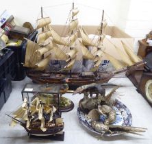 Ornamental items: to include a scratch built model ship 'Fregate'  24"h; and bird ornaments  largest