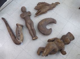 Five wooden carvings: to include a saxophone  25"L; and a Sailfish  24"L