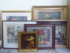 20thC picture frames, some containing orographs and other prints  largest 17" x 22"